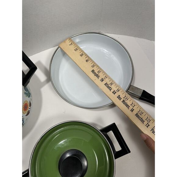 Vtg Lot 3 Enamel Stock Pots Rooster & Poppy Flower 60s‎ 70s Saucer Fry MCM RARE - Picture 5 of 15